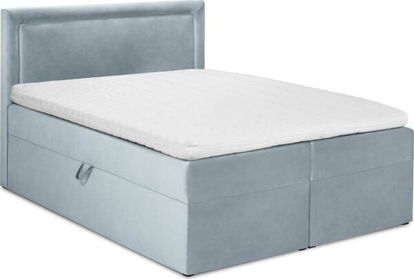 Světle modrá boxspring postel s úložným prostorem 160x200