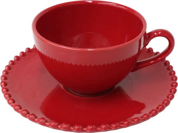Rubínově červený kameninový šálek na čaj s podšálkem