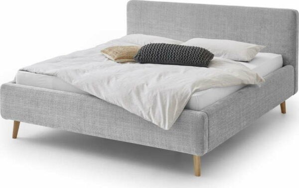 Šedá čalouněná dvoulůžková postel s úložným prostorem s roštem