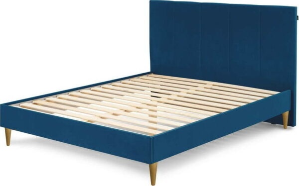 Modrá čalouněná dvoulůžková postel s roštem 160x200