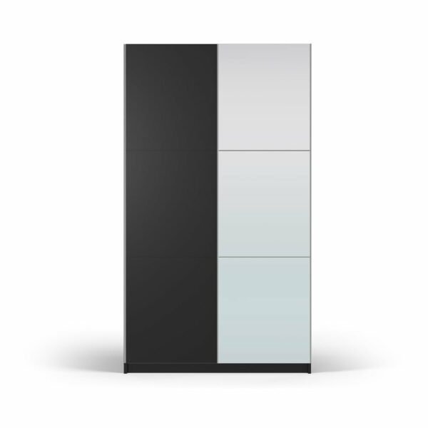 Černá šatní skříň se zrcadlem a s posuvnými dveřmi