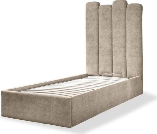 Béžová čalouněná jednolůžková postel s úložným prostorem s roštem