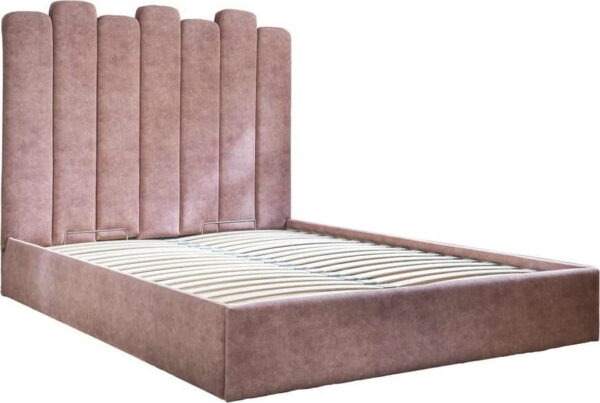 Růžová čalouněná dvoulůžková postel s úložným prostorem s roštem