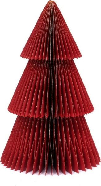 Třpytivě červená papírová vánoční ozdoba ve tvaru stromu
